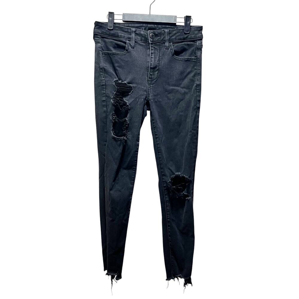 American Eagle Next Level Stretch Hi-Rise Jeggings Black Distressed Cotton Sz 6
